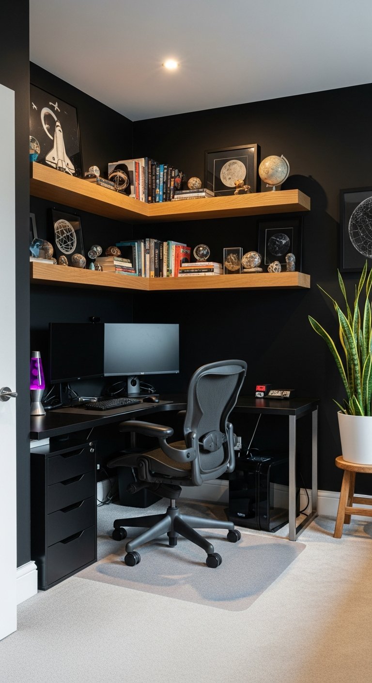 bureau mur noir etageres bois