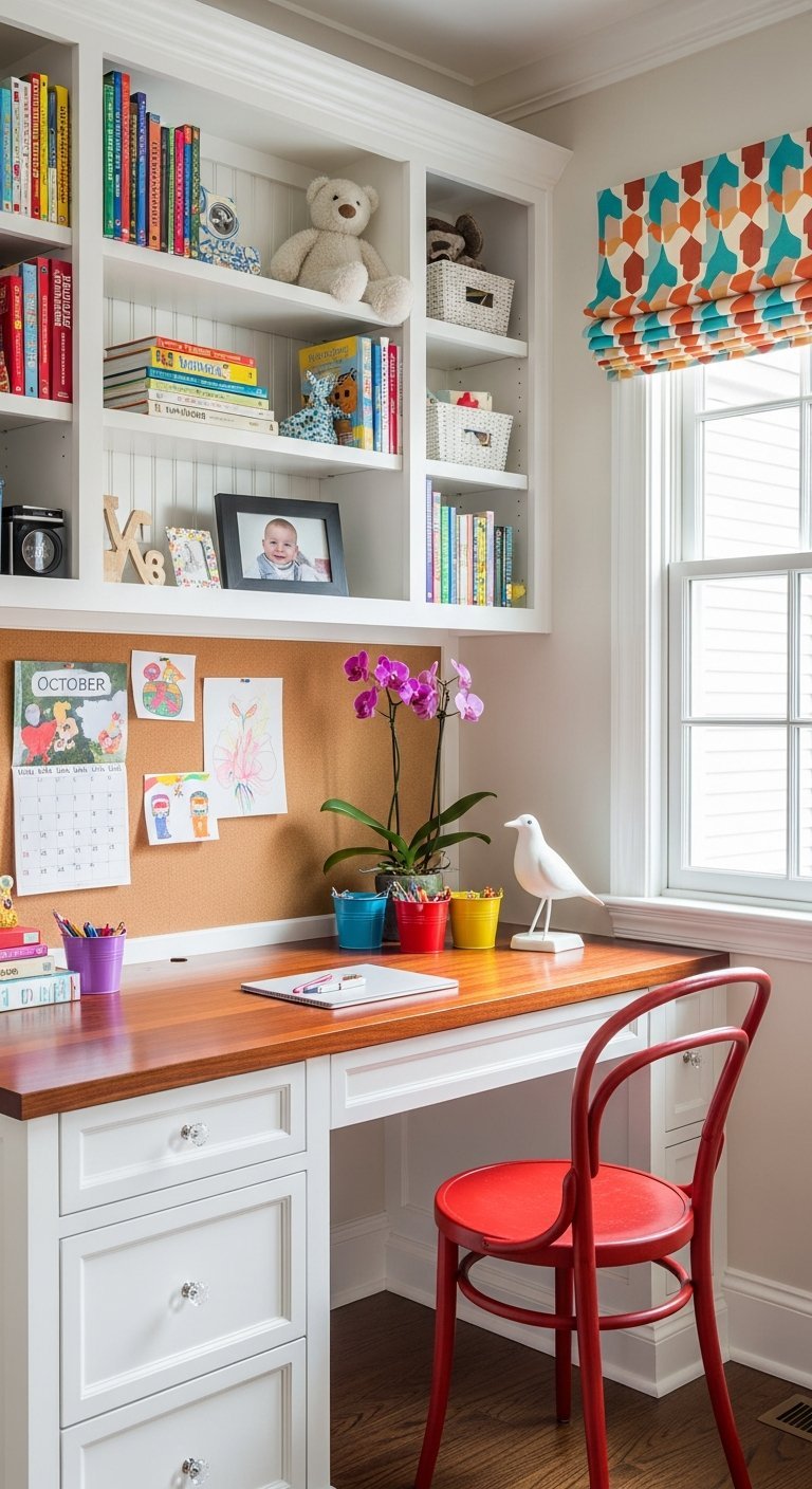 bureau integre bibliotheque chaise rouge
