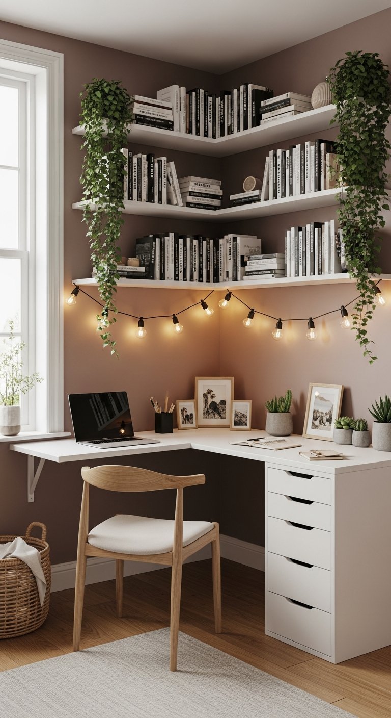bureau angle guirlande lumineuse cosy