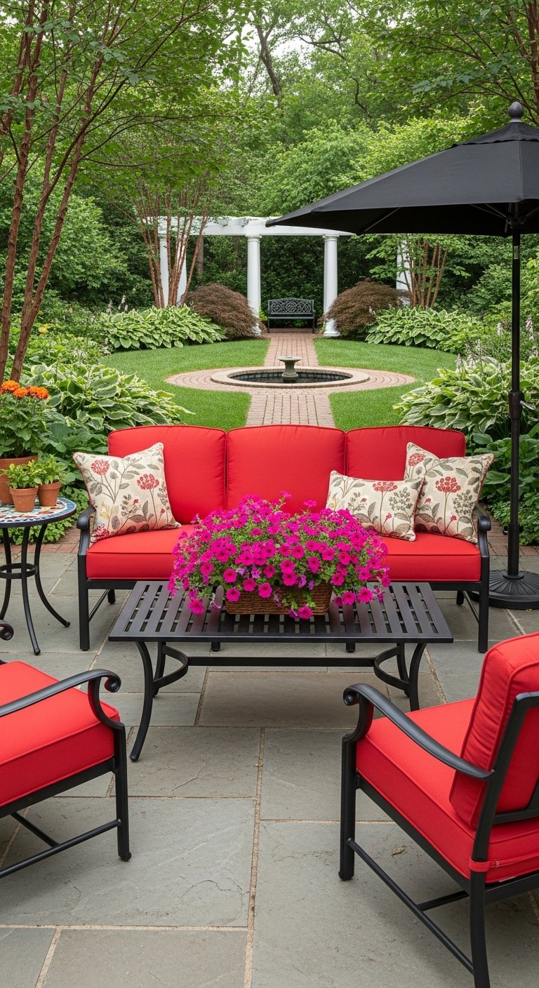 terrasse maison rouge jardin