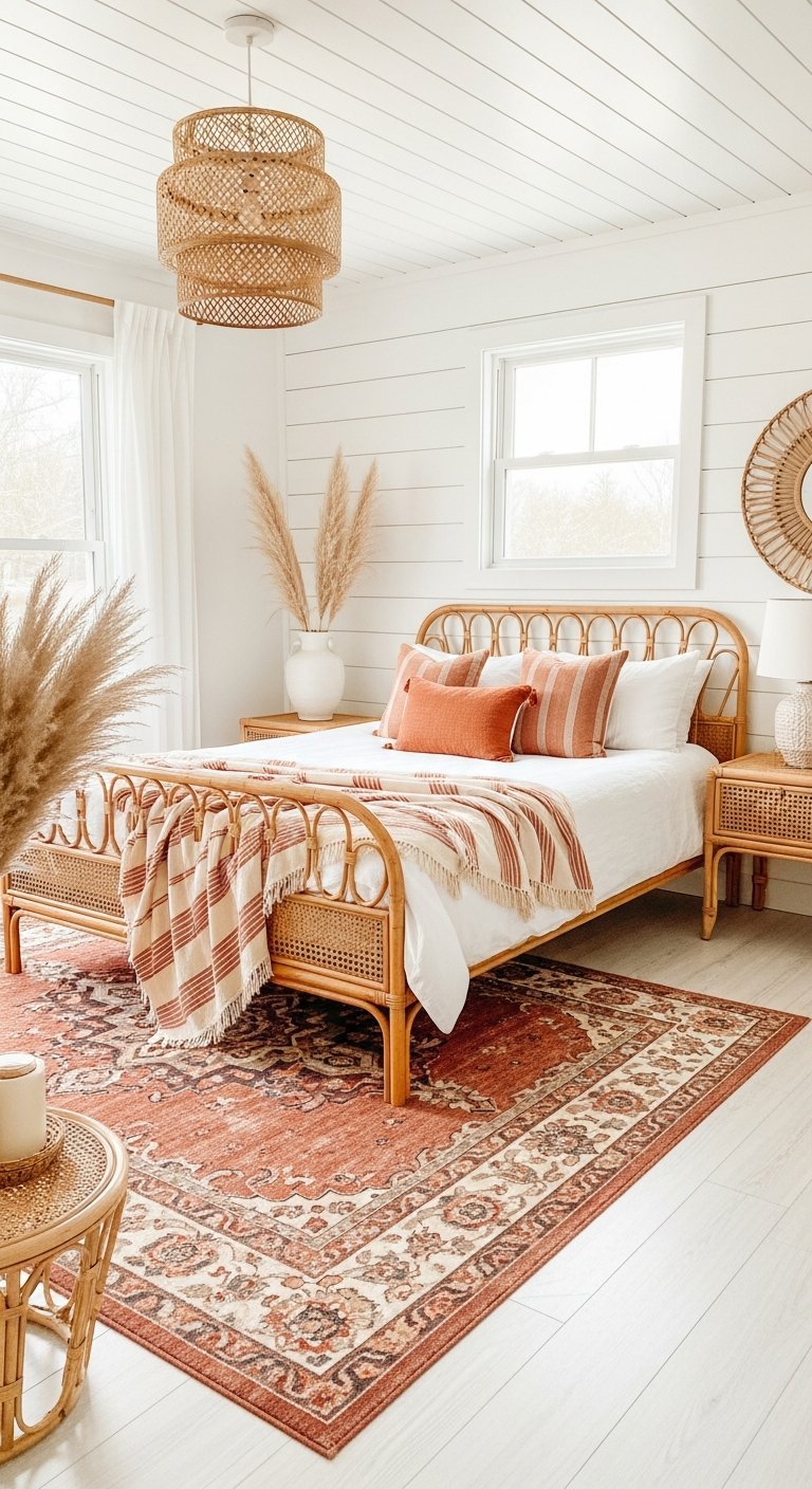 Tete de lit rotin lambris blanc