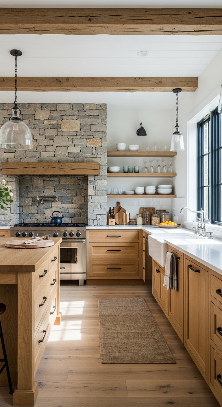 cuisine mur pierre fourneau bleu