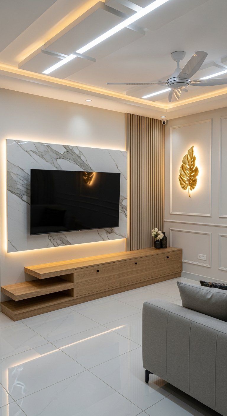 meuble tv salon marbre bois
