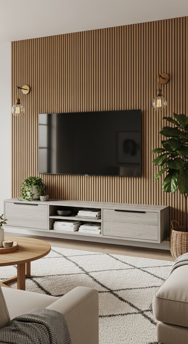 mur tv tasseaux bois clair