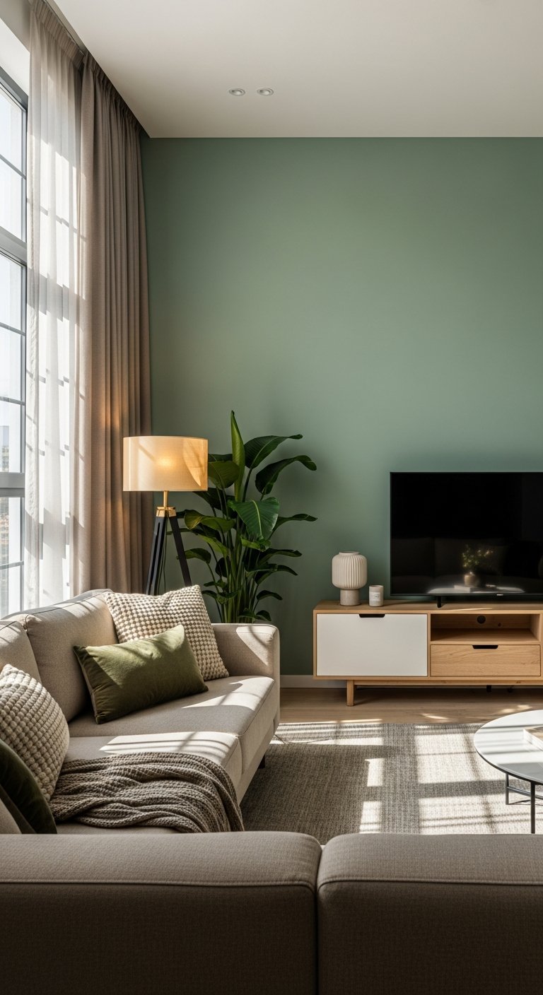 mur vert sauge canape beige