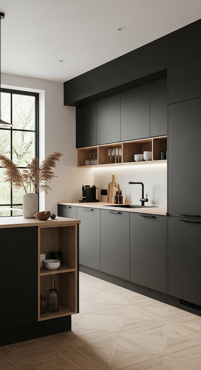 cuisine bois et noir plafond cathedrale