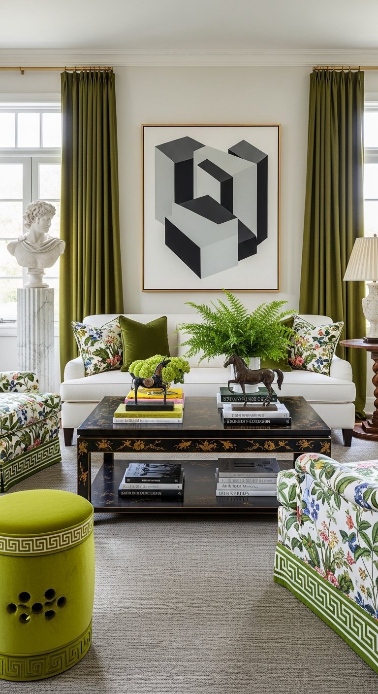 salon beige rideaux verts