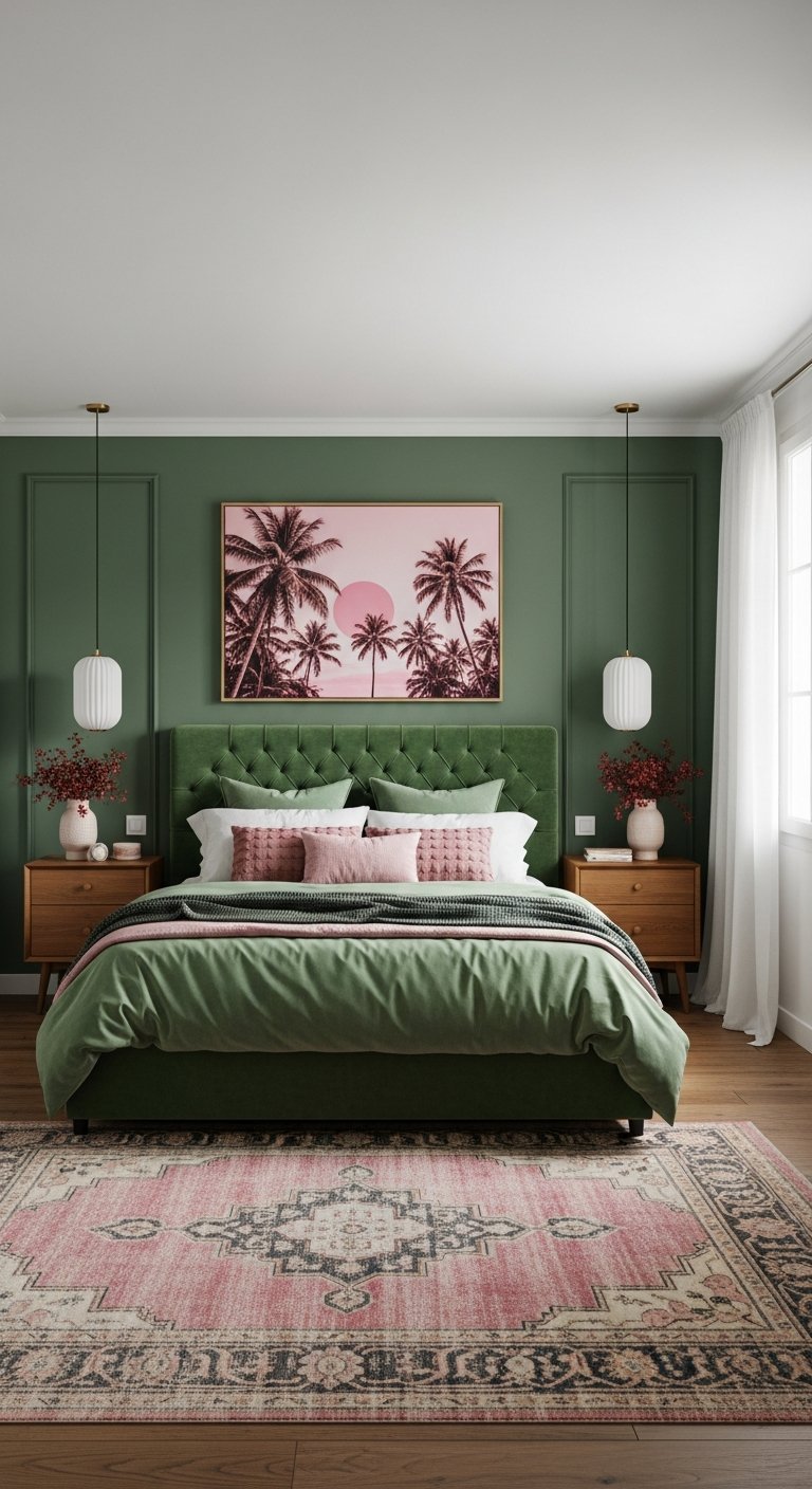 chambre vert sauge tapis rose