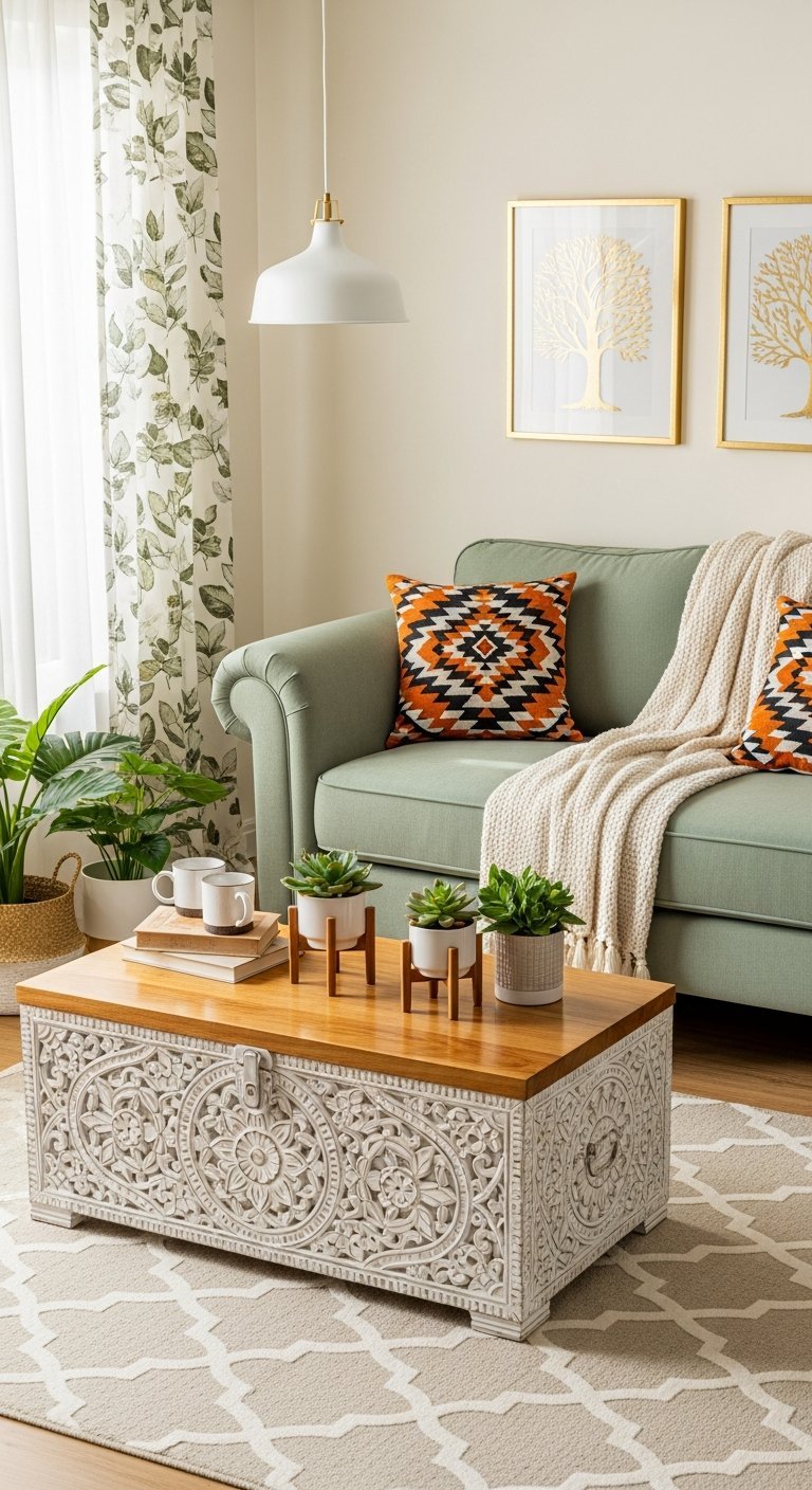 table coffre bois sculpte