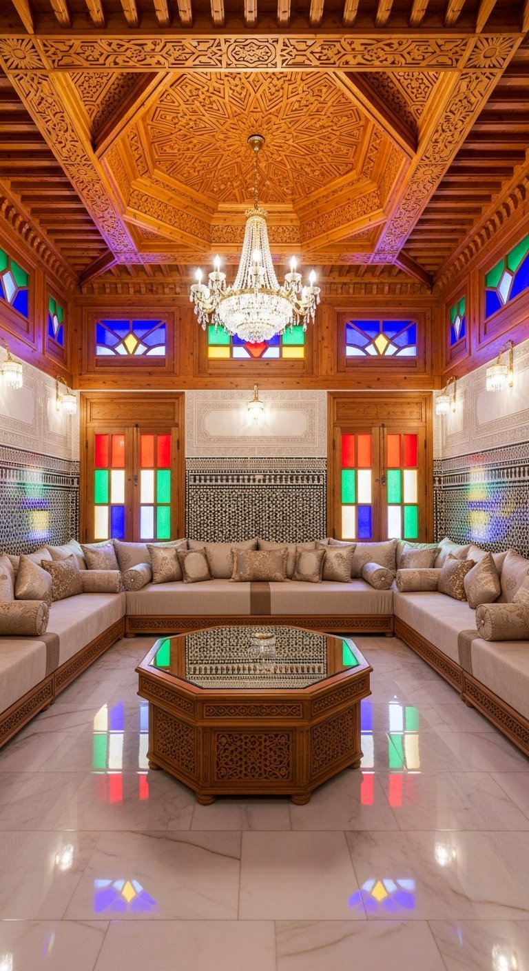 salon algerien plafond bois vitrail