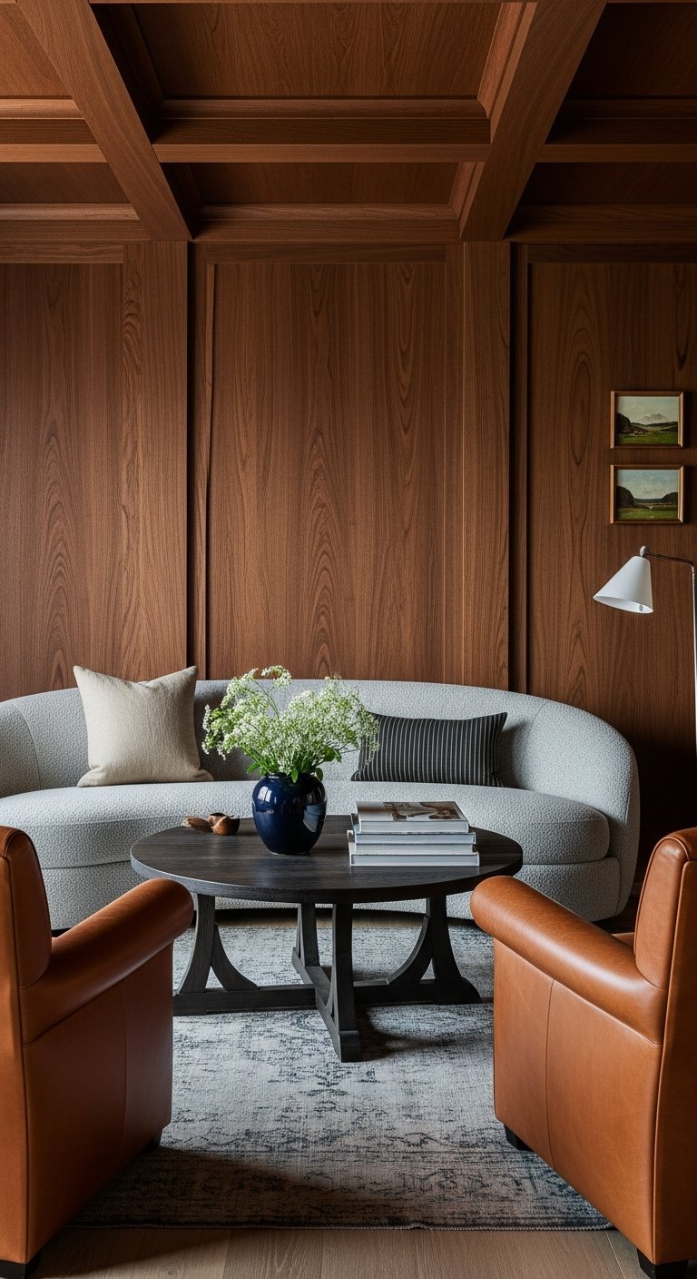 mur bois salon mid century