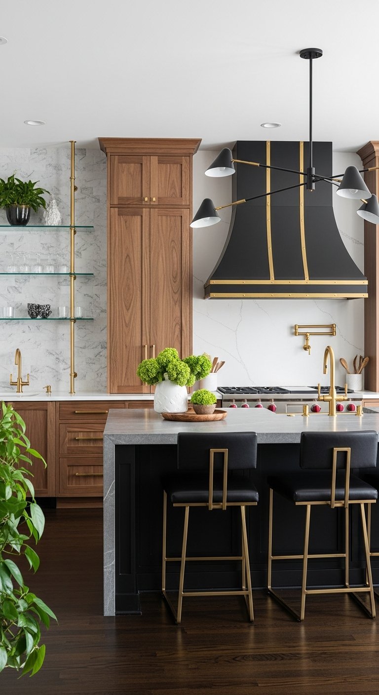 cuisine bois et noir luminaires sculpturaux