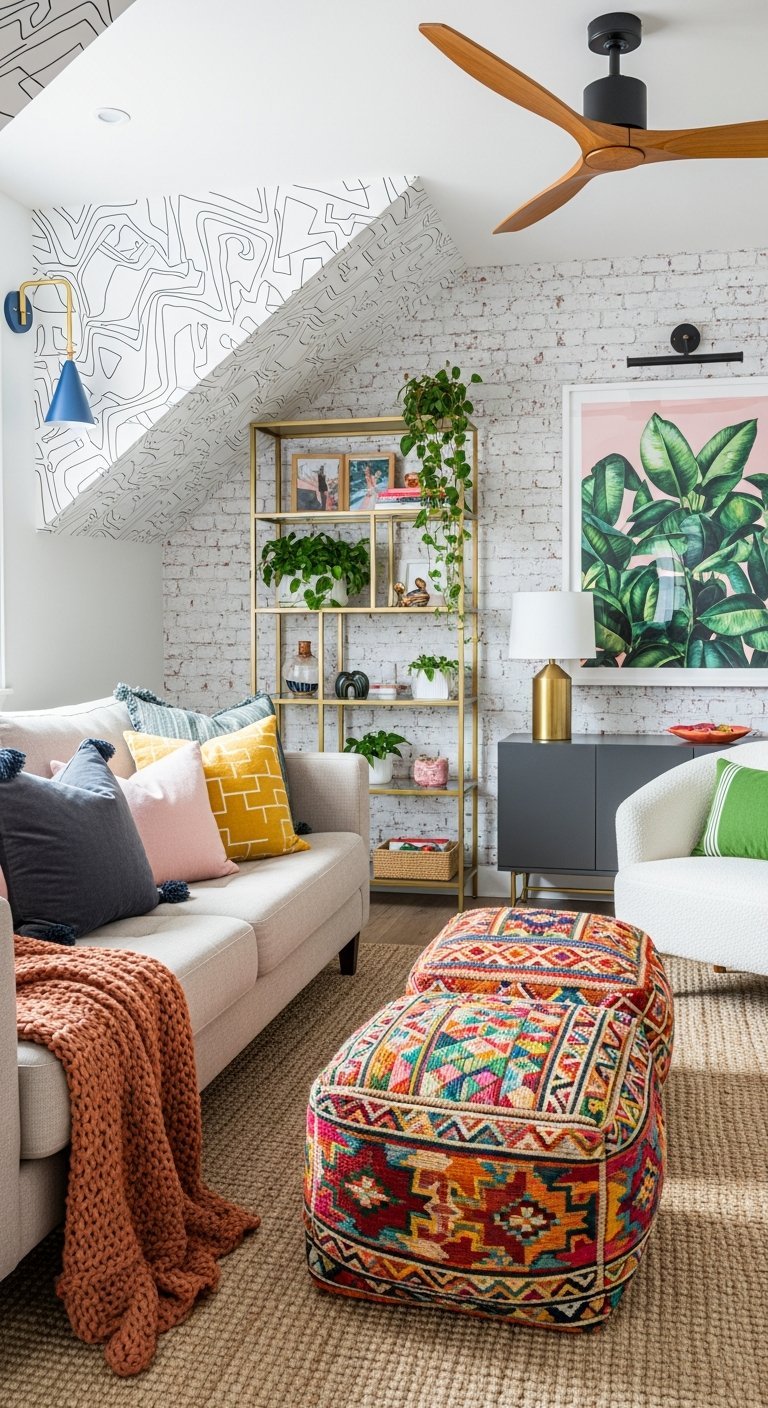 salon eclectique briques blanches