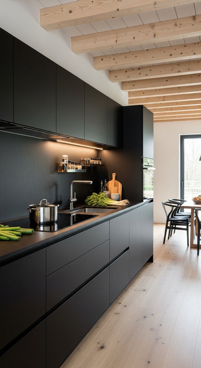 cuisine bois et noir tasseaux verticaux