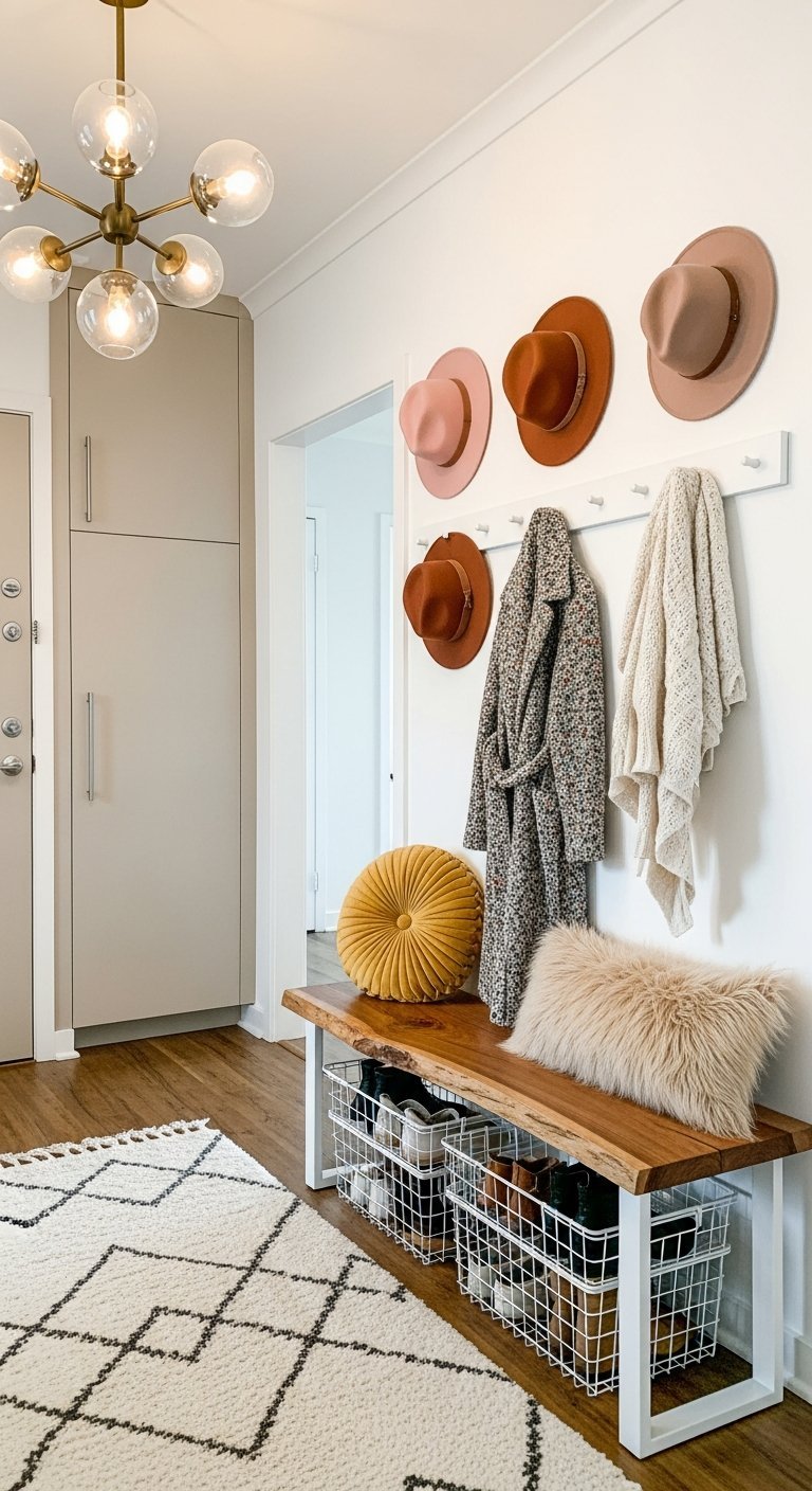 mur chapeaux banc bois