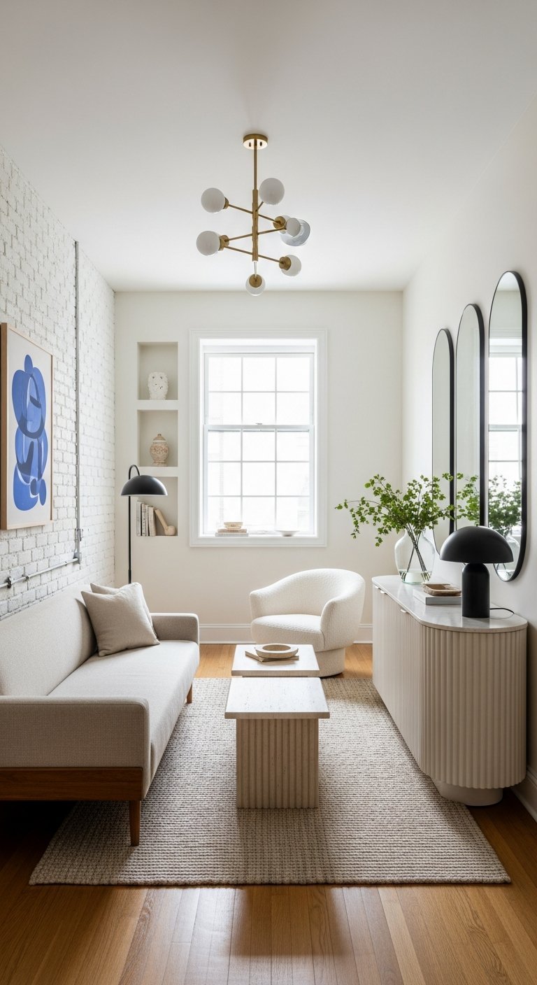 salon minimaliste mur briques