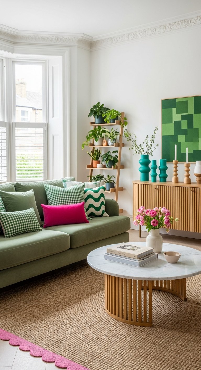 salon vert coussin rose