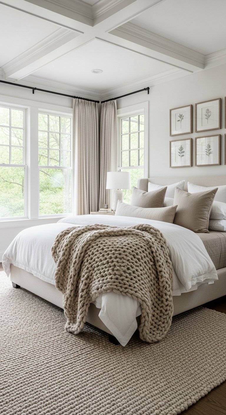 chambre lumineuse beige plaid tricot