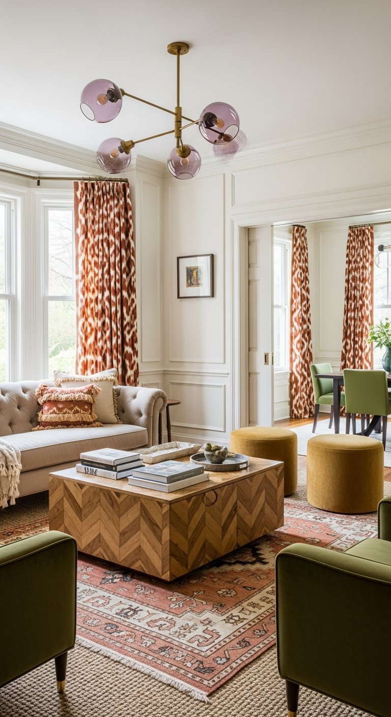 rideaux motifs salon bois