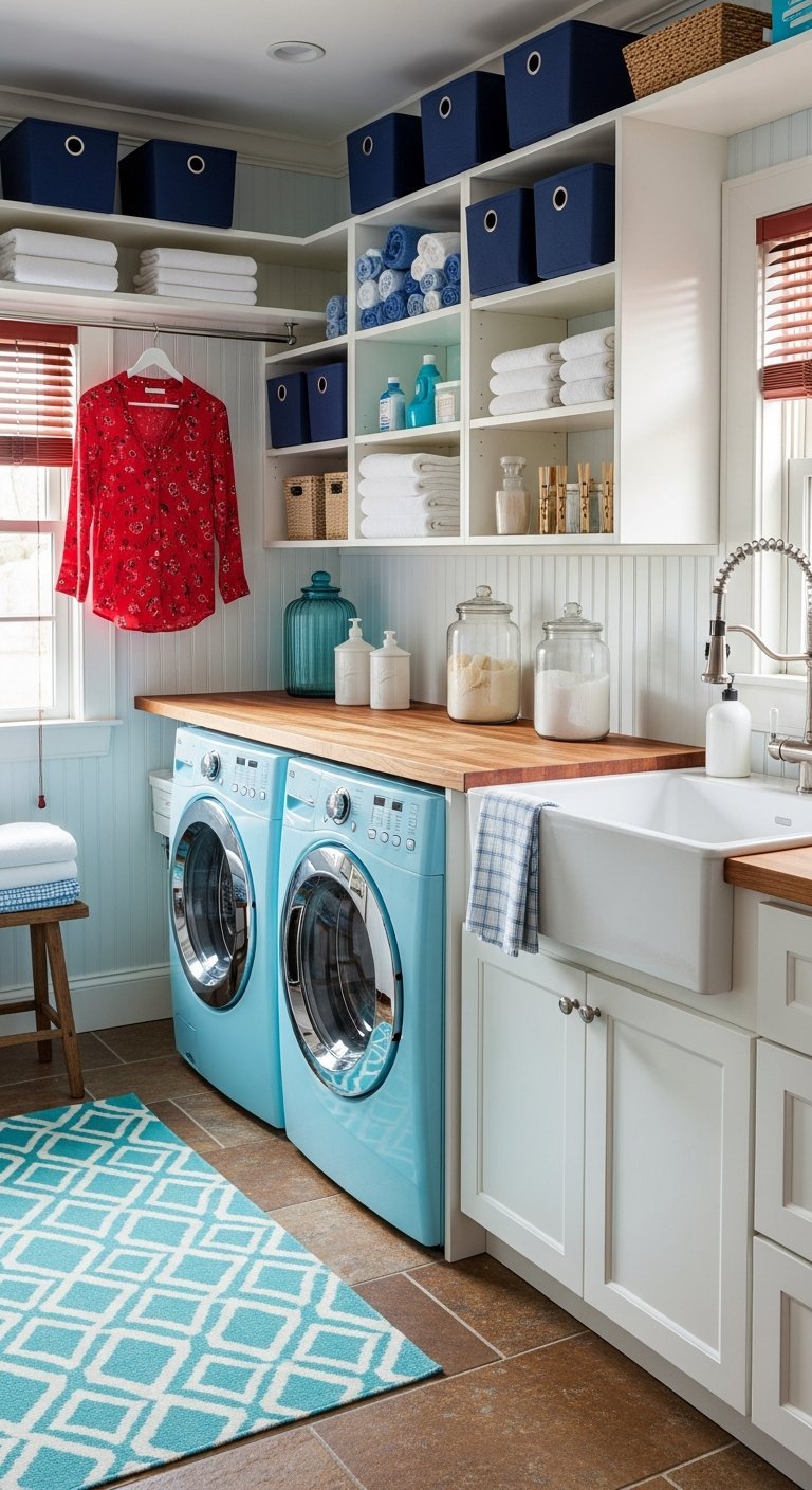 buanderie retro bleue etagere bois