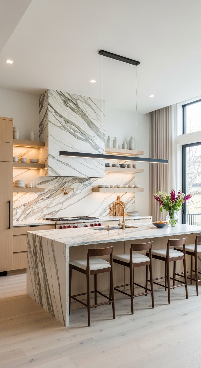 cuisine marbre bois moderne luminaire