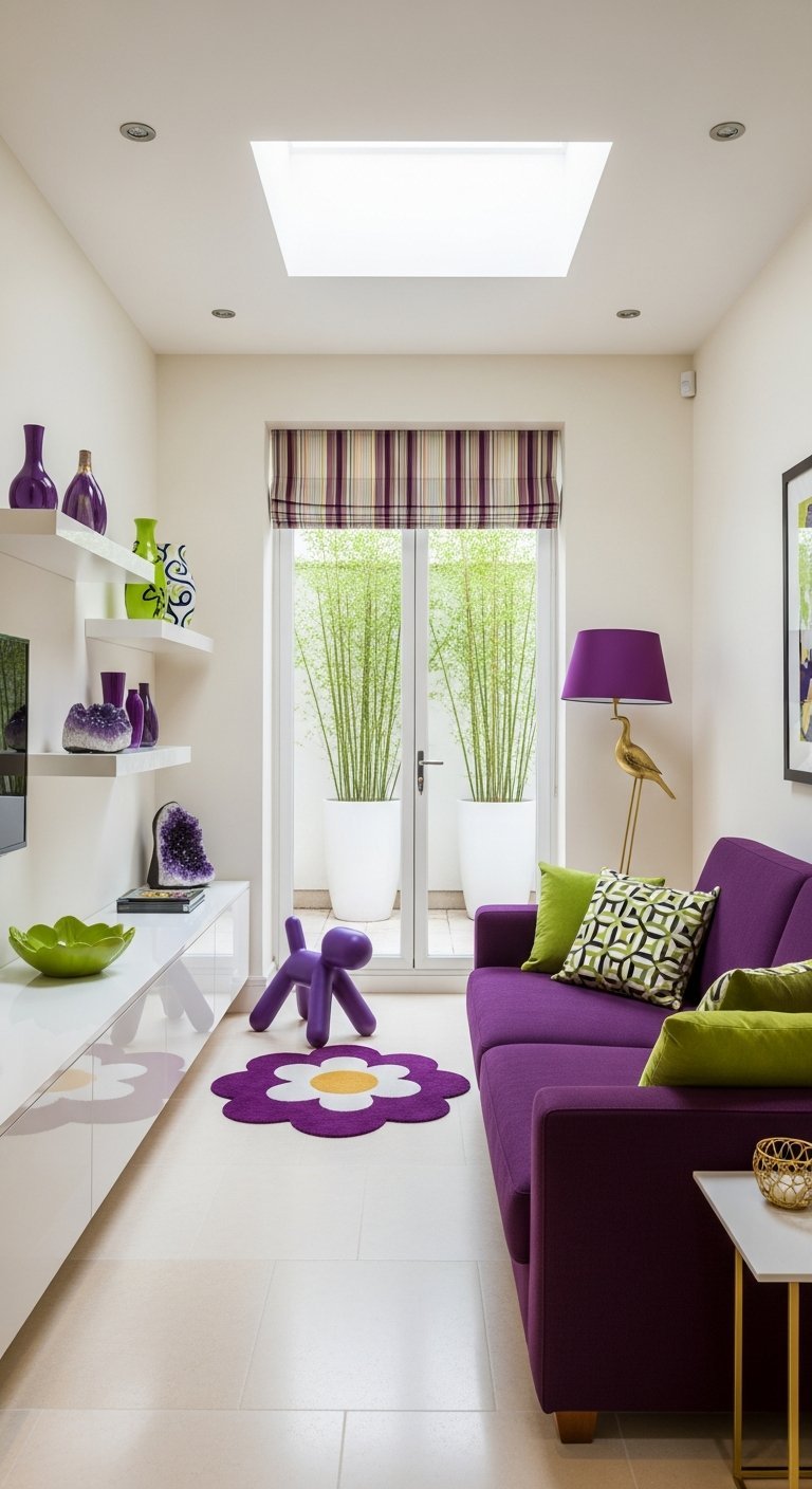 salon etroit canape violet