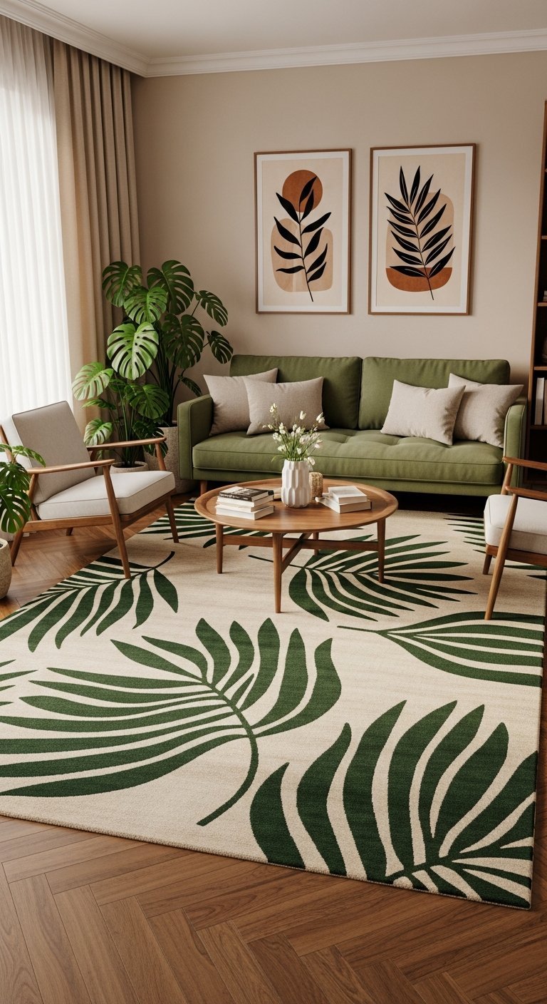 tapis motif feuilles vertes