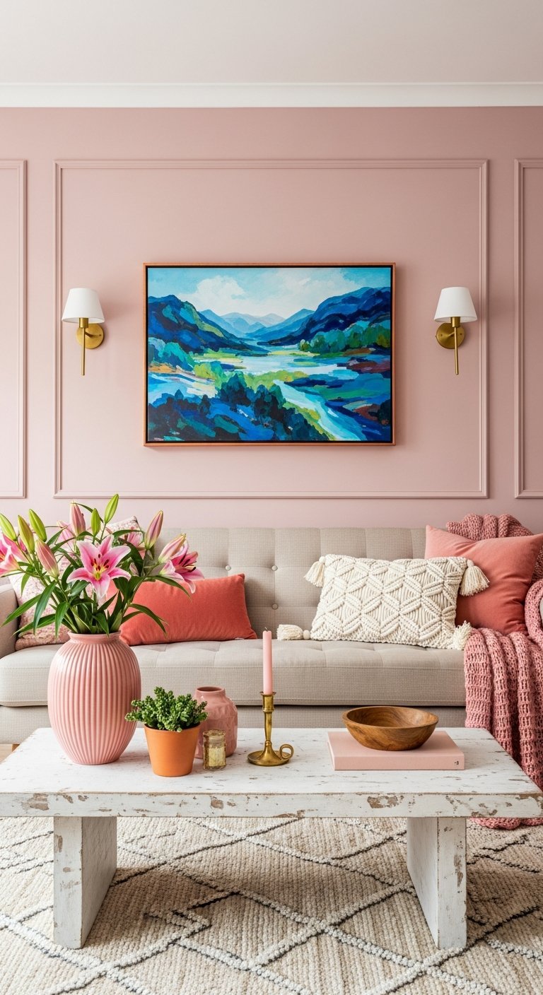 salon rose poudre moulures