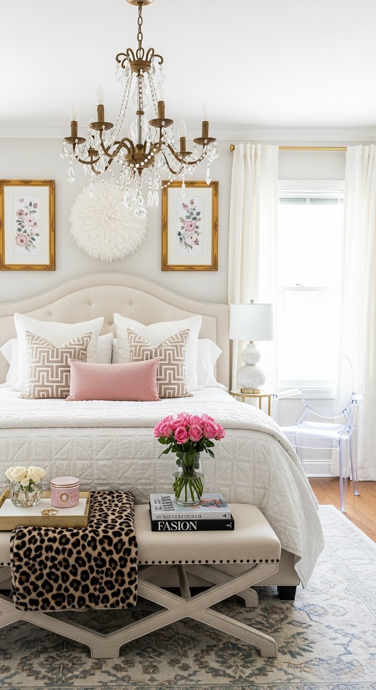 chambre romantique rose poudre lustre