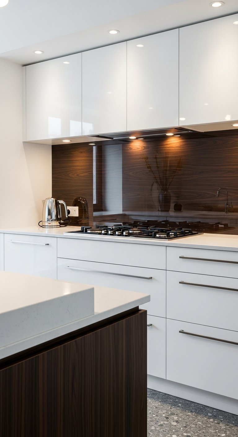 cuisine design blanc laque bois fonce