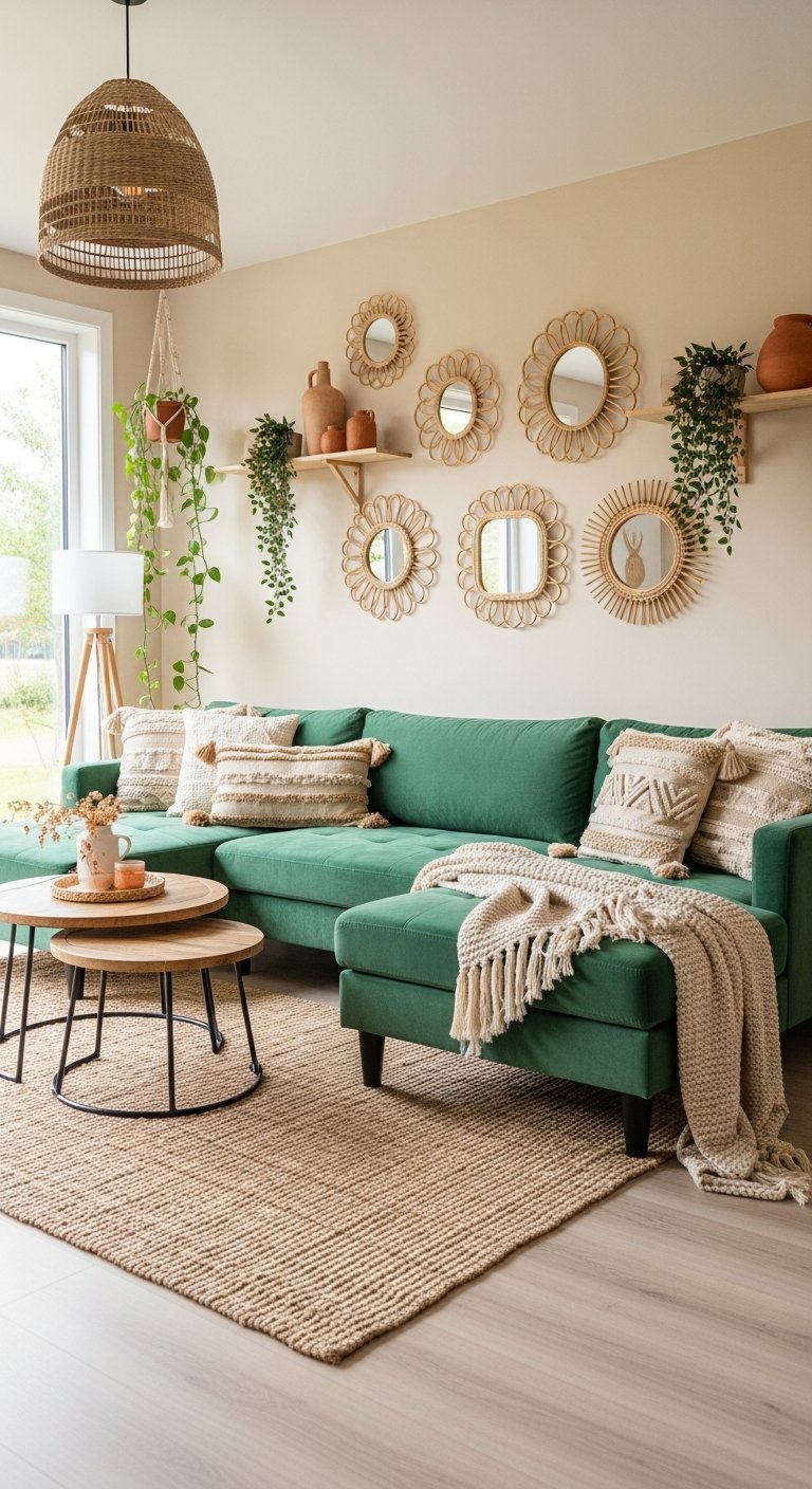 salon boheme vert rotin