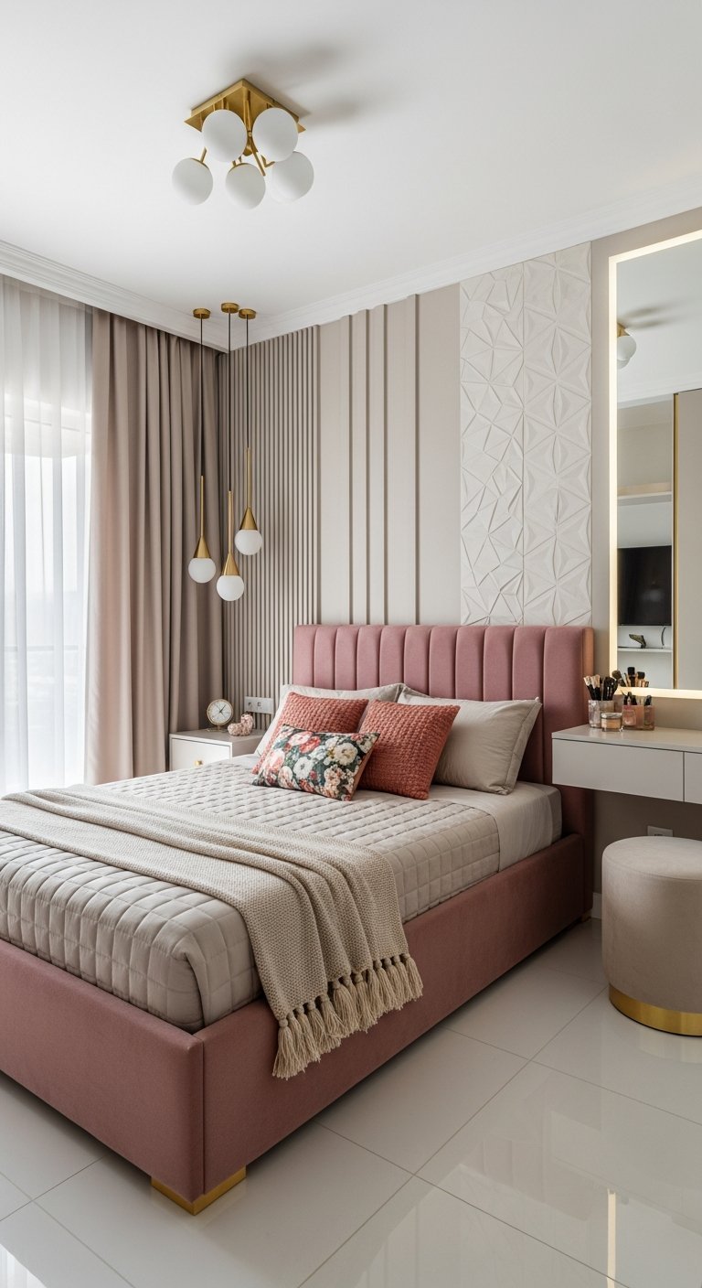 tete de lit velours rose moderne