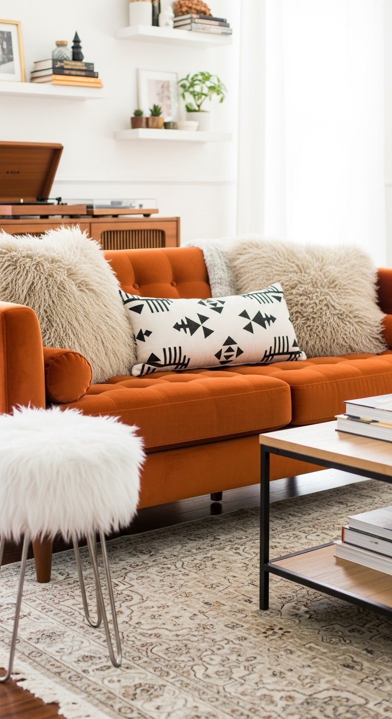 canape velours orange salon
