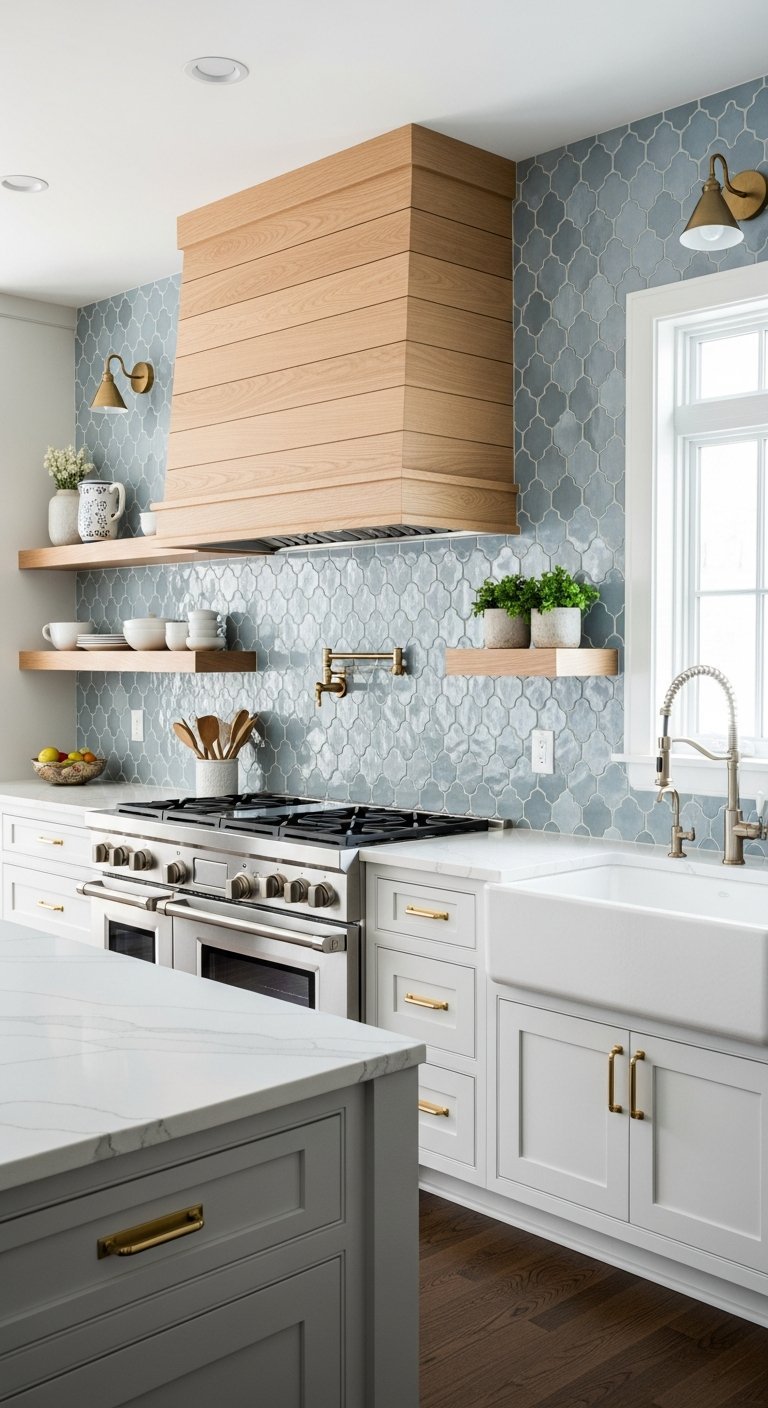 carrelage ecaille poisson bleu gris cuisine bois