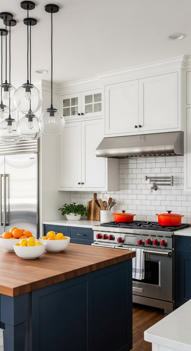 cuisine blanche ilot bleu marine bois