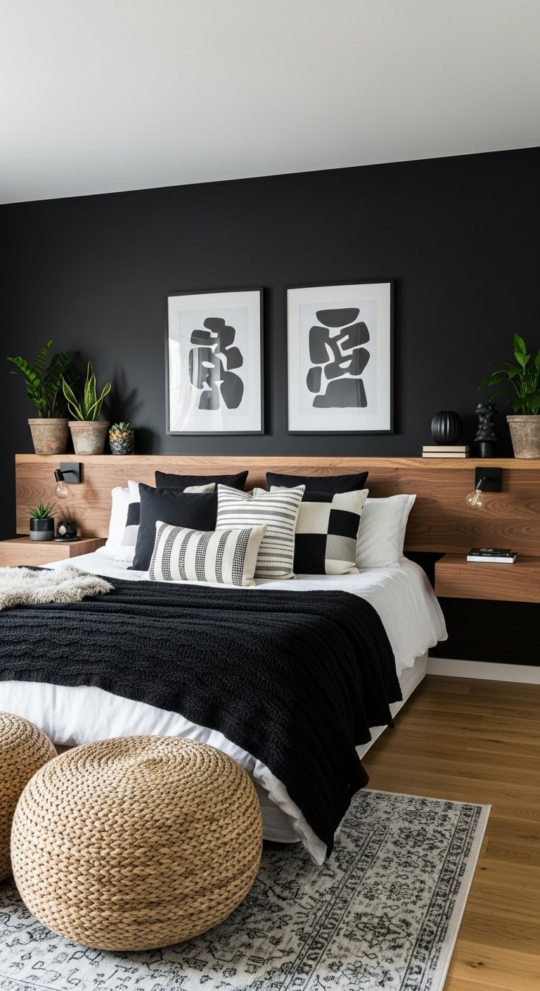 deco chambre noir et bois contraste