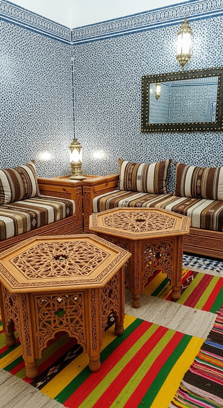 salon algerien bleu tables bois