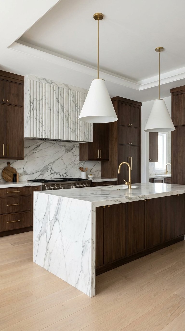 meubles cuisine bois fonce marbre blanc