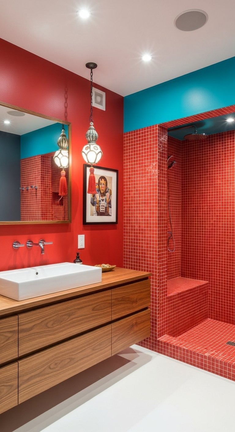 salle de bain rouge et bleu