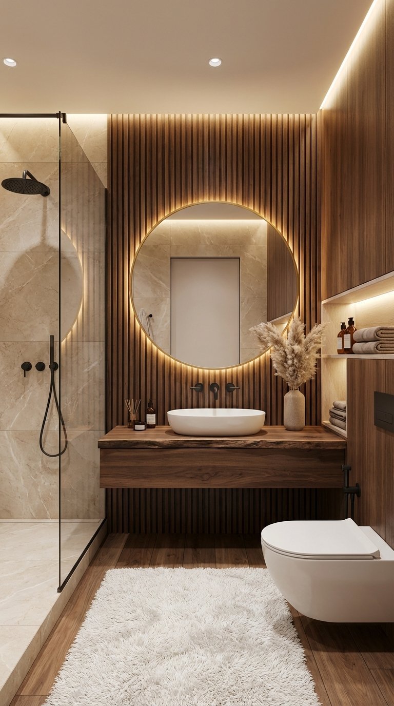 tasseaux bois salle de bain led