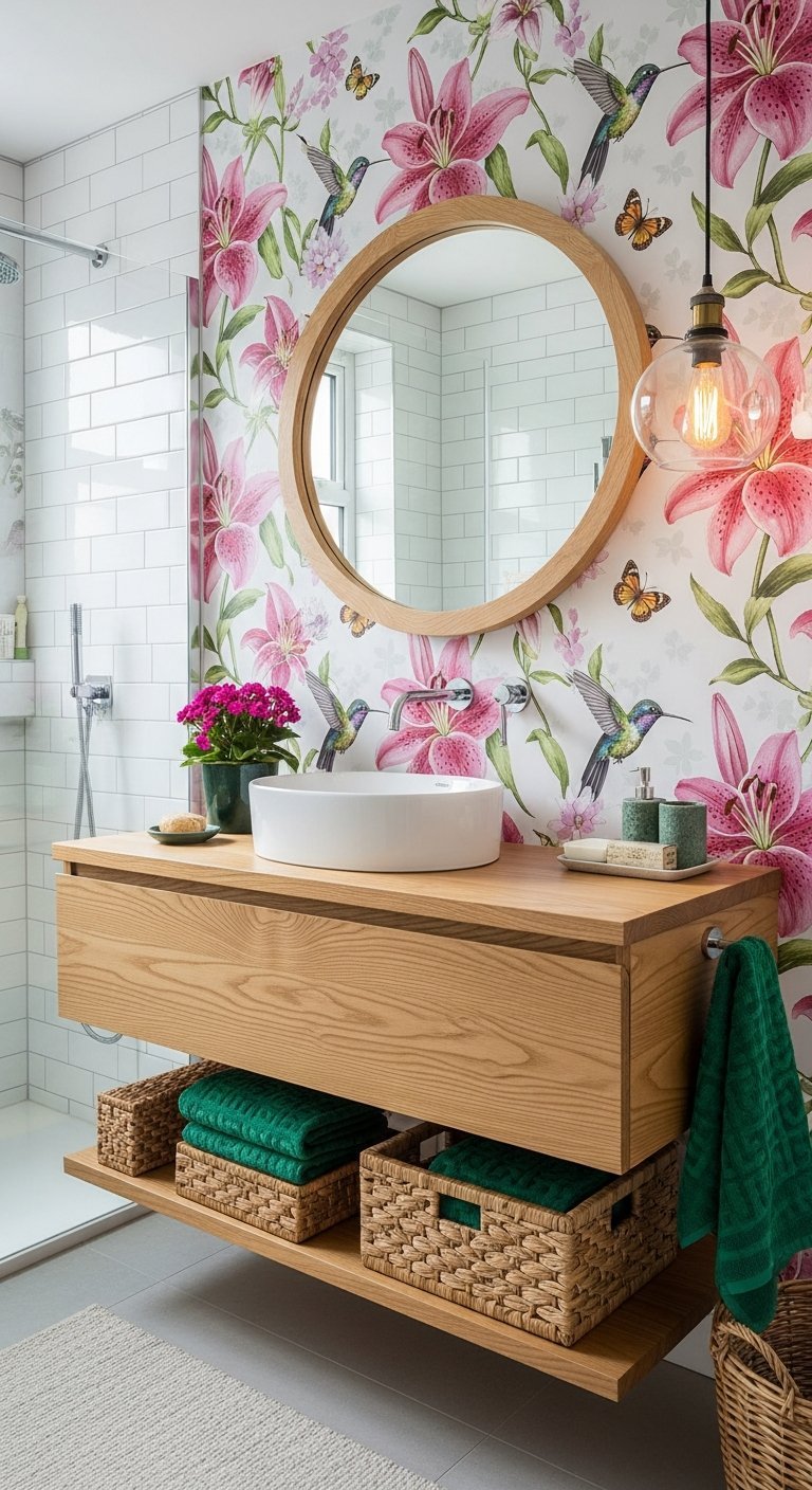 salle de bain fleurs roses