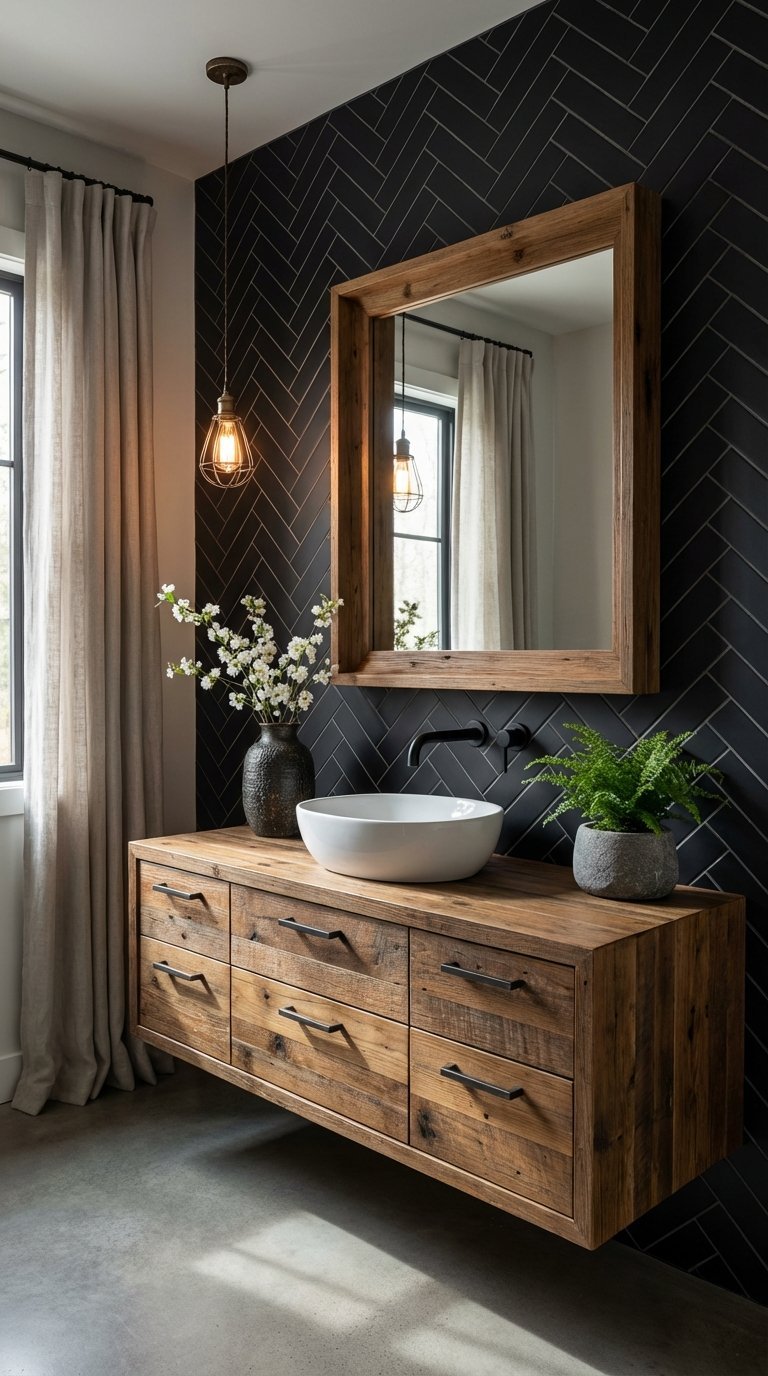 carrelage noir chevrons bois rustique