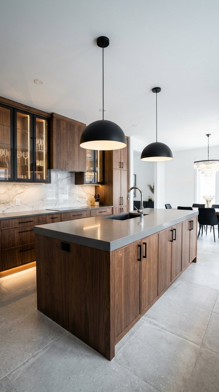 suspensions verre cuisine bois fonce