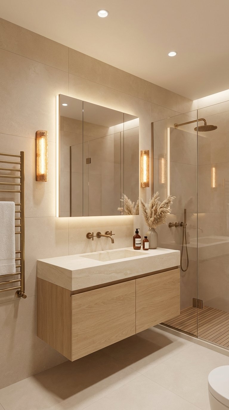 salle de bain beige luminaire ambre