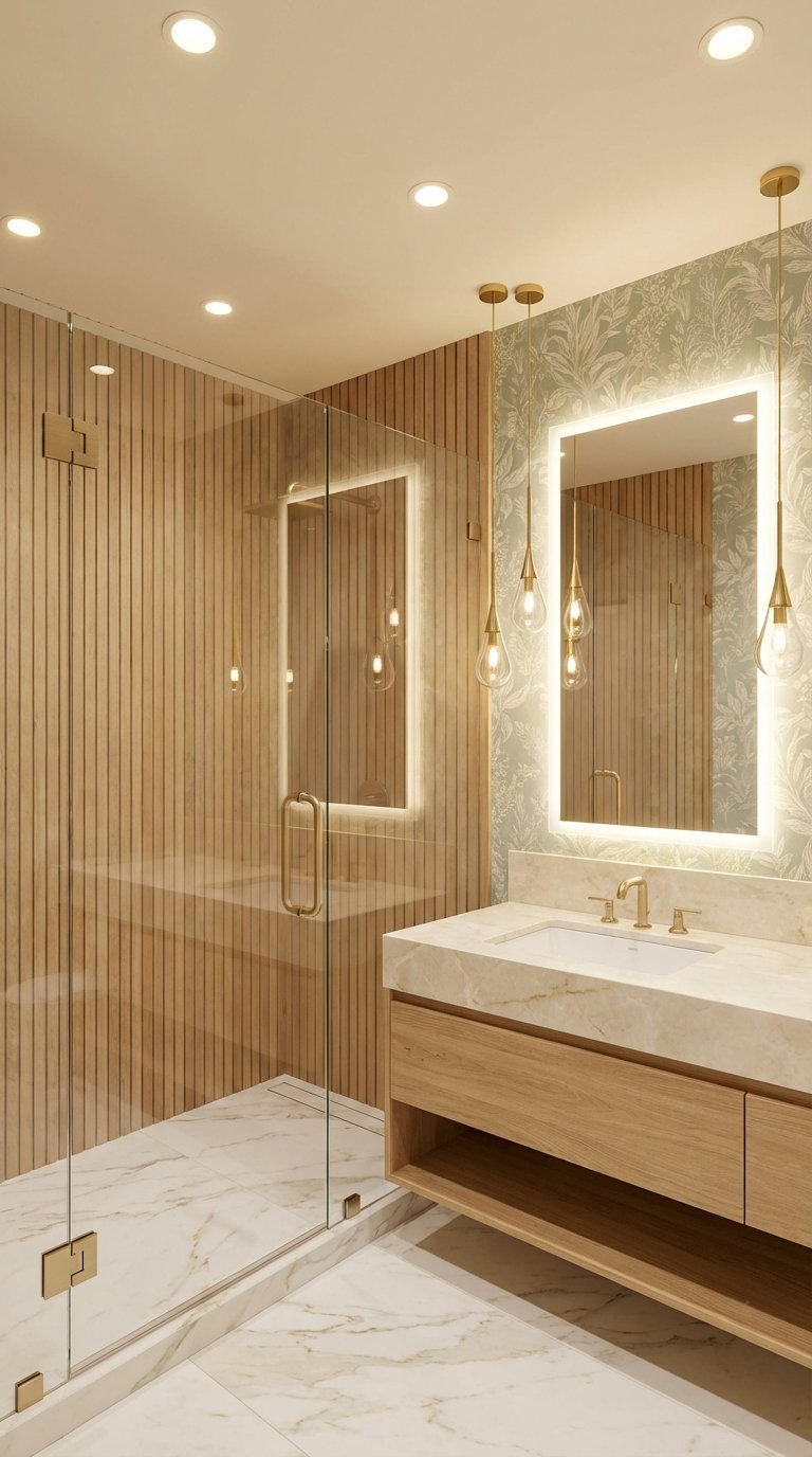 salle de bain bois papier peint