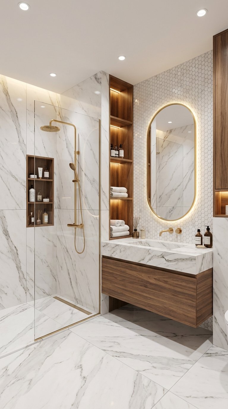 salle de bain marbre blanc bois
