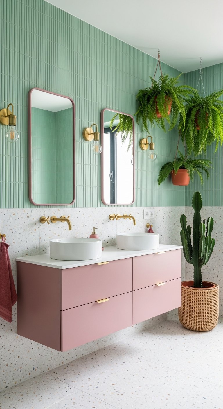 salle de bain vert menthe rose