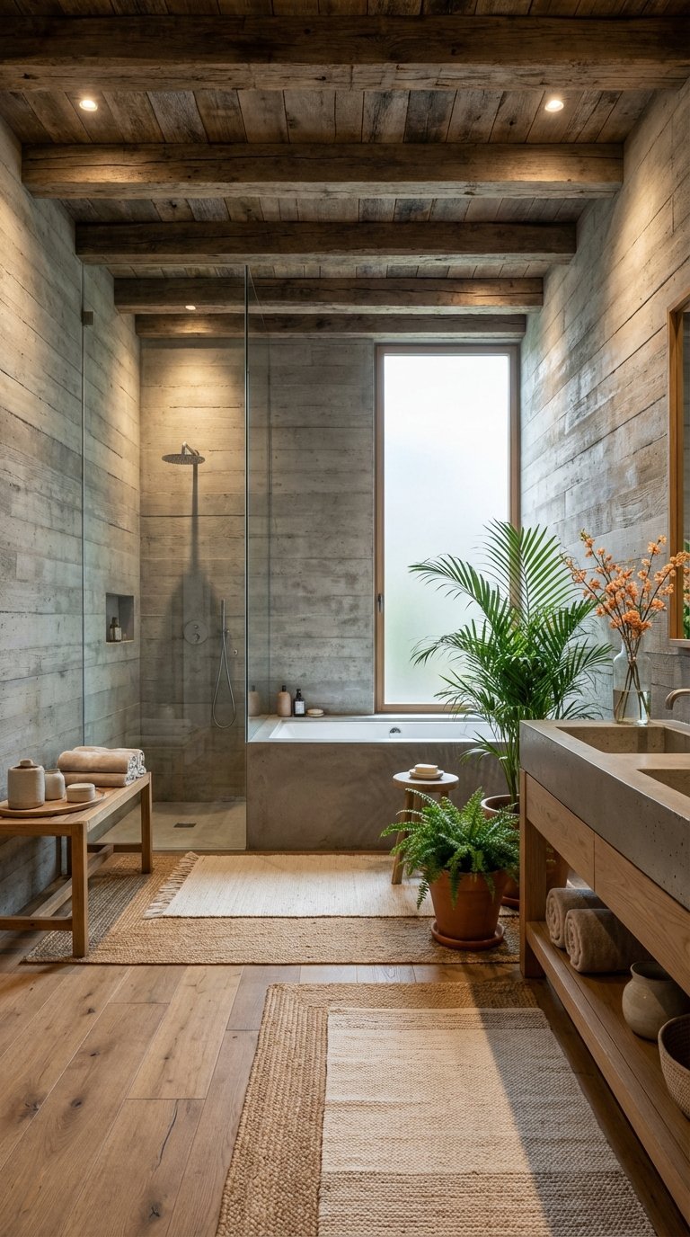 salle de bain beton brut bois