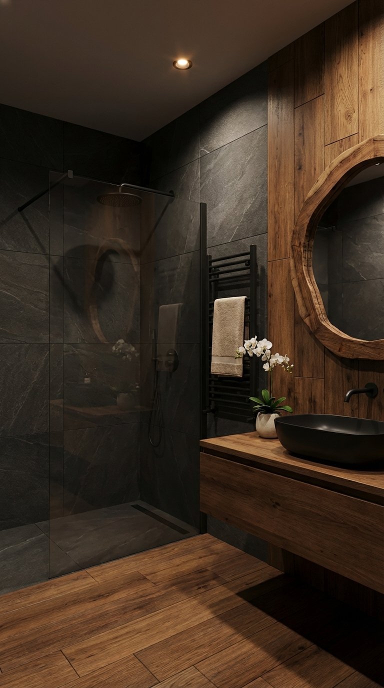 salle de bain ardoise sombre bois