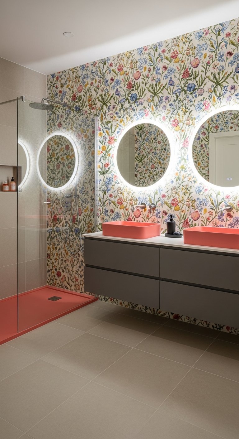 salle de bain papier peint fleuri